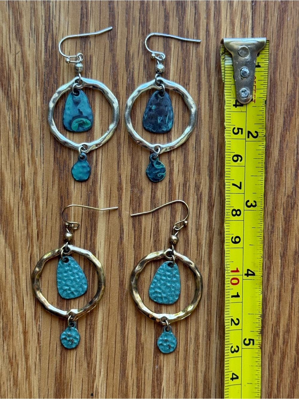 Handcrafted Turquoise Blue Hammered Hoop Drop Earrings - gold and silver option
